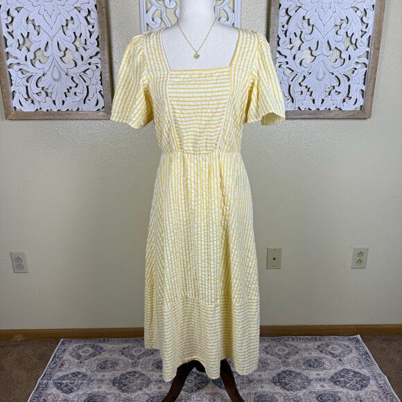 Vero Moda | Women’s Yellow White Square Neck Flutter Sleeve Striped Midi Dress M - Picture 1 of 7